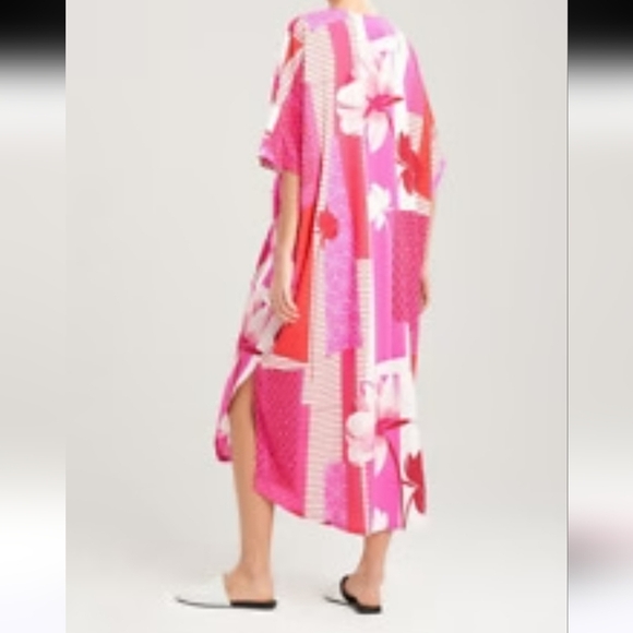 NATORI Kabuki Floral-Print Pullover Caftan. Red/pink/white. Size Med - Picture 4 of 16